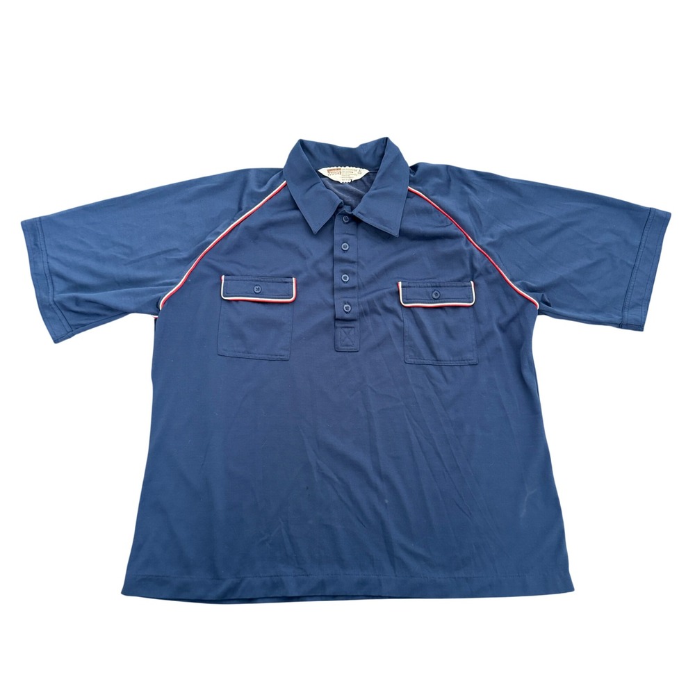 Vintage Montgomery Ward Navy Blue Raglan Polo Shirt XL Red White Piping 70s 80s